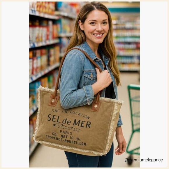 Canvas Tote Bag with Leather Handles, Spacious 44L Capacity, Zipper Closure - Picture 2 of 7